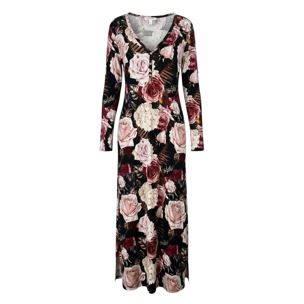 Posh Peanut Women's Size L Floral Henley V-Neck Maxi Length Ultra-Soft Nightgown